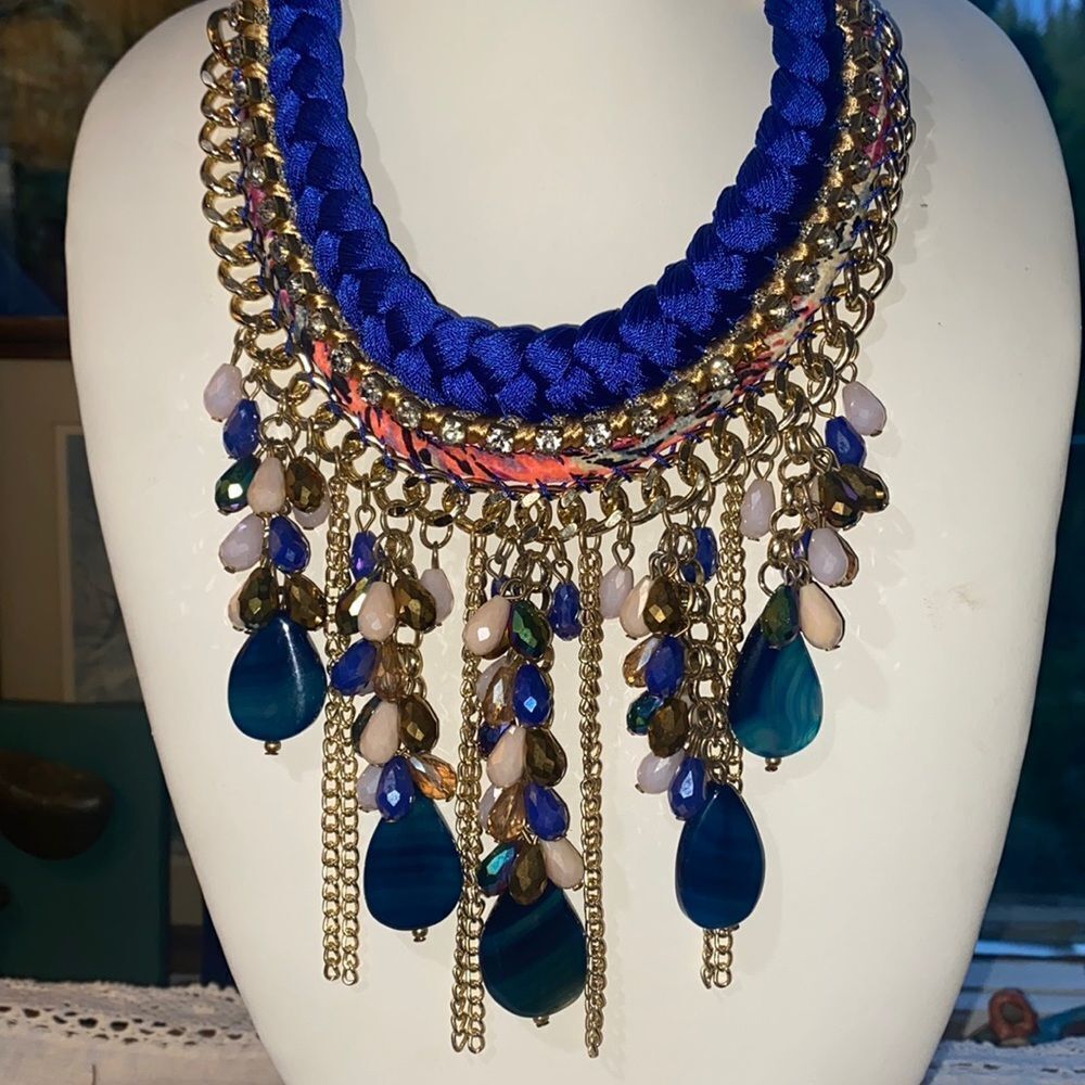 Zara Boho Multicolor Bib Statement Necklace - Blue Braided Rope & Gemstones